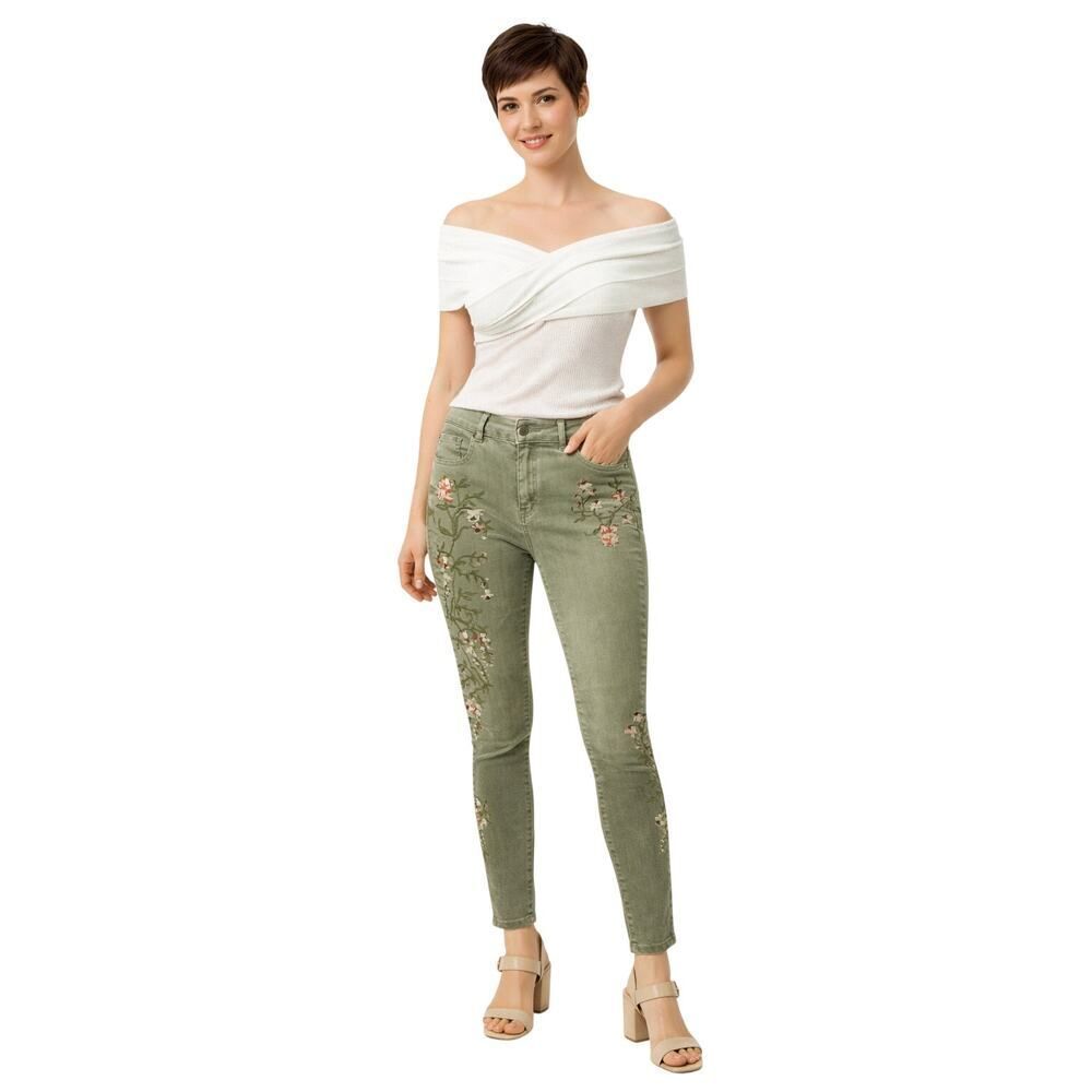 JOHN MARK Women's French Market Floral Embroidered Skinny Jeans Green Size 4